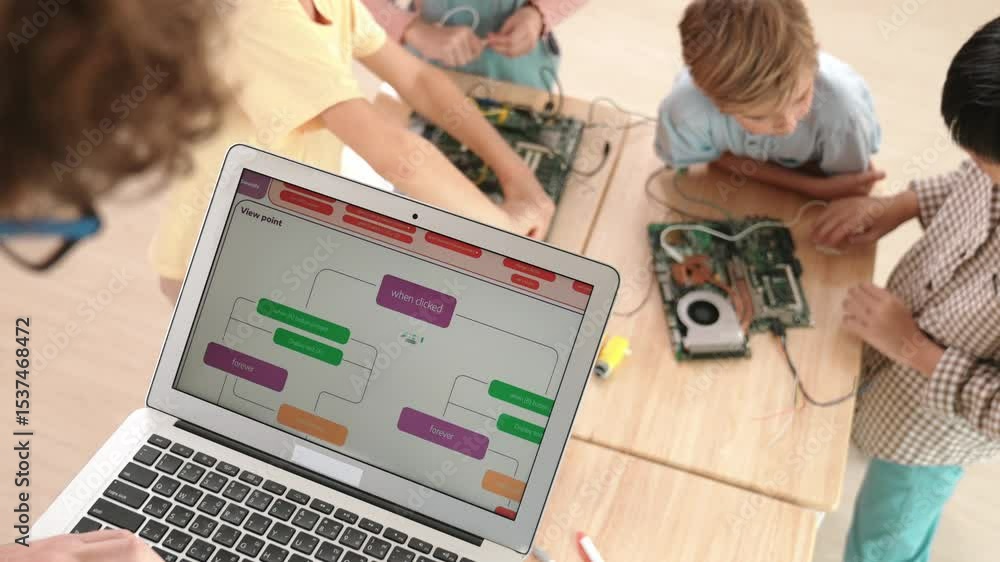 Poster top view of smart caucasian teacher coding engineering prompt and generated ai while diverse childre