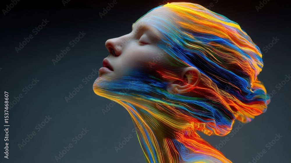 Aufkleber a person with closed eyes is depicted in a side profile, while colorful, flowing lines extend from t