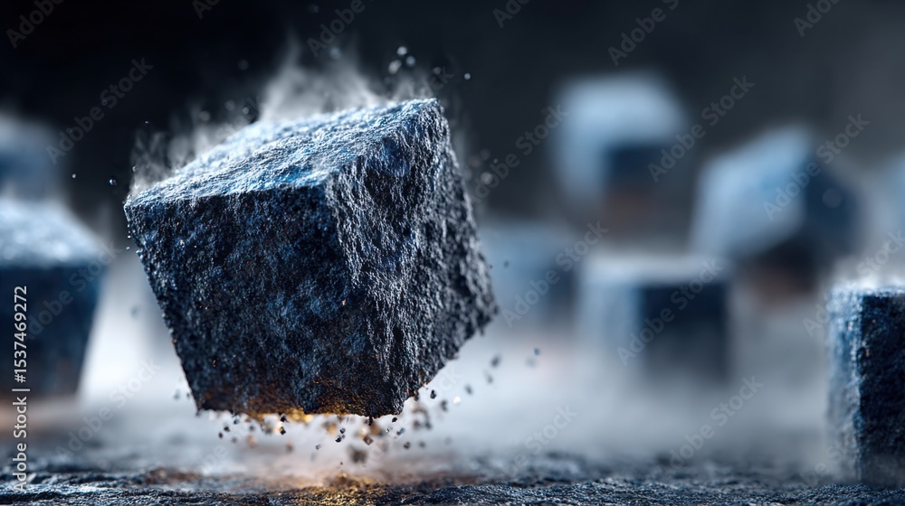 Poster granite cubes hover above a textured surface, enveloped in wisps of mist, creating a surreal and oth