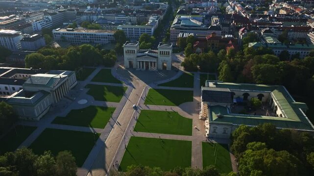 Aerial view of the Propylaea on K&ouml;nigsplatz in Munich, Germany, a neoclassical gate inspired by ancient Greece, part of a historic square. 30 September 2024.