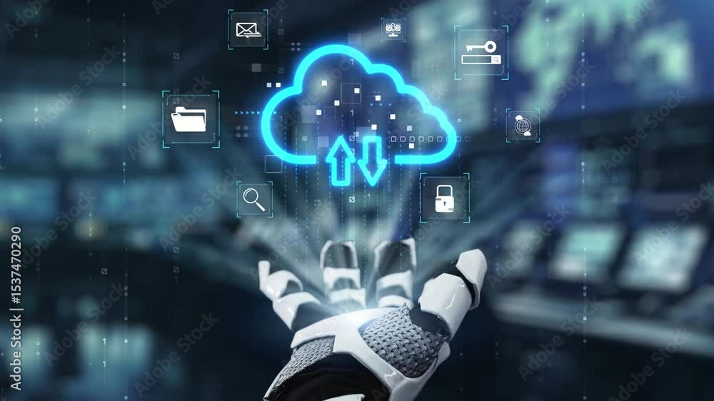 Poster this video showcases a robotic hand reaching toward a cloud interface, symbolizing advanced technolo