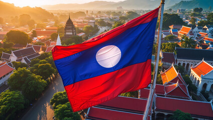 Laos flag flutters over city on stunning sunny day