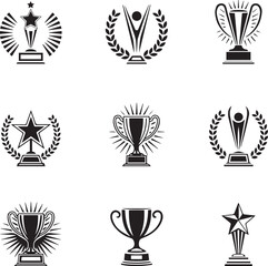 Collection of Black and White Trophy and Award Icons on White