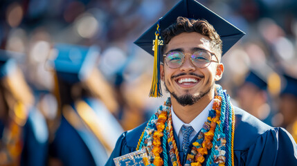 Graduation celebration. Purpose: Portrait for social media, promotion, print. Smiling graduate with cap, gown and lei at commencement ceremony