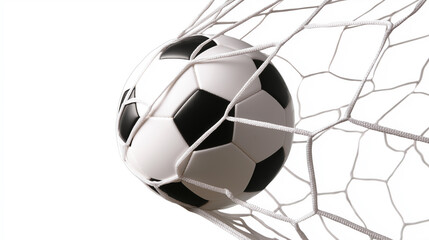 Classic black and white soccer ball hitting the net against a clean white background.
