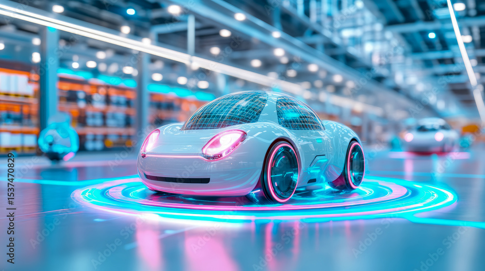 Poster futuristic automobile concept on luminous platform in an automated manufacturing unit