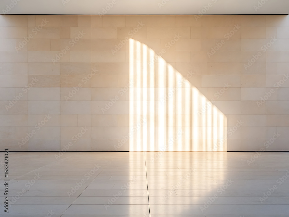 Poster sunlit interior: a minimalist space featuring a stone wall illuminated by a striking pattern of sunl