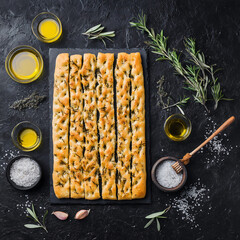 Focaccia. Traditional Italian bread made with olive oil, salt and herbs top view