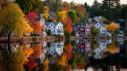 Fototapeta premium Vibrant Autumn Colors Reflect on Serene Lake With Charming Houses in the Background