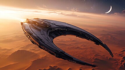 Sleek, dark grey spaceship soars above a red, mountainous alien planet at sunset, a crescent moon visible in the night sky