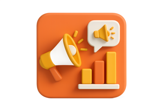 3D Marketing Promotion with Megaphone and Bar Chart on Orange Platform Advertising Campaign