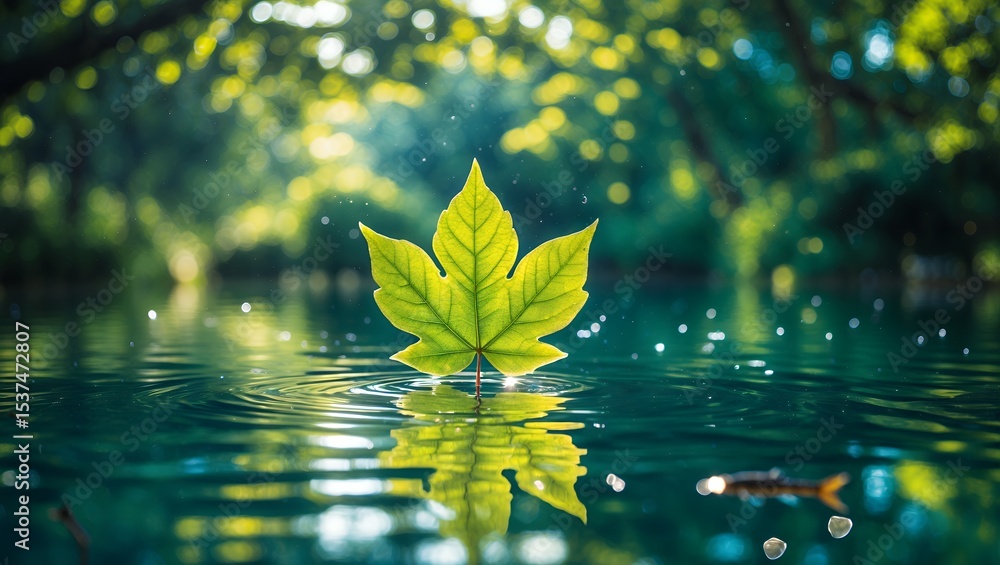 Poster leaf floating on water in tranquil forest scene with reflections