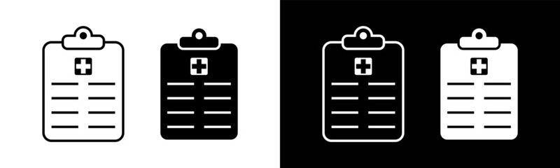 Medical history icon vector illustration set. In black and white version. Medical report, Health care clipboard icon symbol.