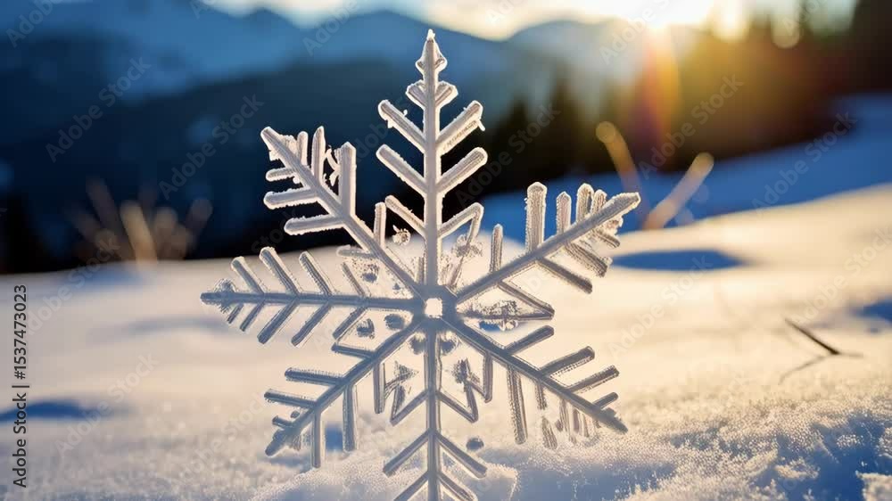 Poster macro of a delicate snowflake resting on a snowy field, winter landscape backdrop with golden sunlig