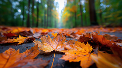 Nahaufnahme von bunten Herbstblättern auf dem Waldboden