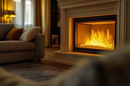 A cozy living room with a traditional fireplace displaying a holographic fire, set in a modern apartment, symbolizing the convergence of traditional comfort and futuristic technology