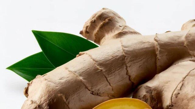 Close-up of a whole ginger root with slices and green leaves against a bright white background, showing texture and color