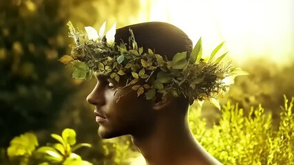 Mystical Man Adorned with a Leaf Crown, Bathed in Golden Light Imagination - Powered by Adobe