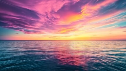 Fototapeta premium Breathtaking Sunset Over Calm Lake, Vibrant Colors Blending in the Sky, Perfect Reflection on Water