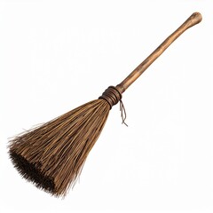 Brown Straw Broom with Wooden Handle on White Background