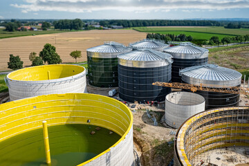 Neubau einer modernen Biogasanlage, Großbaustelle aus der Vogelperspektive - Luftbild..