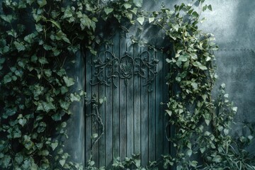 A weathered wooden door, adorned with ironwork, is embraced by lush green ivy on a textured gray wall. 