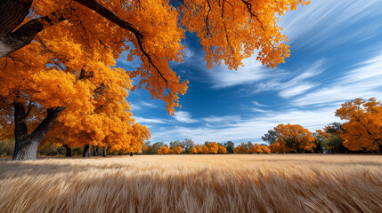 Herbstlandschaft mit leuchtend orangefarbenen Bäumen unter blauem Himmel