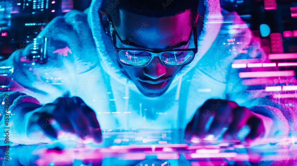 Poster cyberpunk concept of a person hacking or coding at a computer, surrounded by blue and pink neon ligh