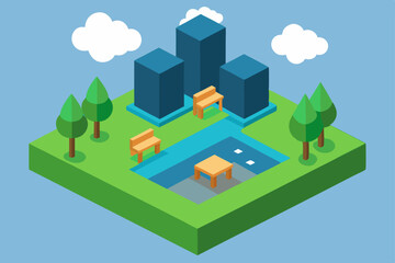 Urban Park Oasis Isometric Illustration of Cityscape and Nature