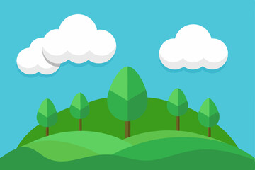 Obraz premium Serene Hilltop Landscape Green Hills, Lush Trees, and Fluffy Clouds