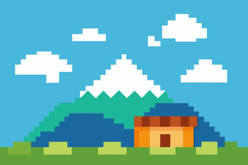 Pixel Art Mountain Landscape 8-bit House and Snowy Peak Illustration