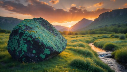 Lush Meadow with Mossy Boulder and Stream at Sunset