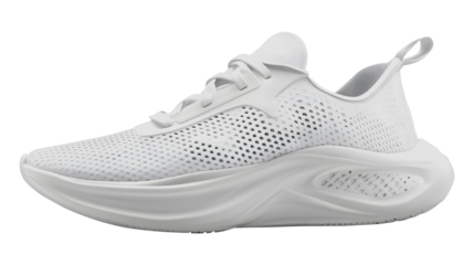Stylish all-white running shoe isolated on a white background depicting a modern athletic footwear design with performance capabilities