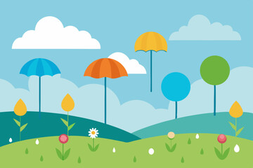 Fototapeta premium Springtime Landscape Colorful Umbrellas, Blooming Flowers, and Sunny Hills