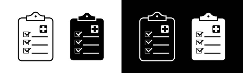 Medical history icon vector illustration set. In black and white version. Medical report, Health care clipboard icon symbol.
