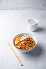 Vegetables fried rice with fried eggs, asian food