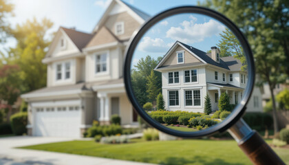 A real estate concept depicting a magnifying glass on an old brick house, showcasing its architecture under a blue sky, ideal for residential estate searches in a European town