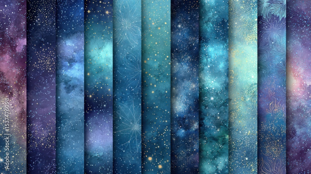 Poster a series of blue and purple images of space with stars and galaxies. the images are arranged in a gr