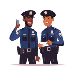 Professional Afroamerican Policeman Working with Two Colleagues in Policeman Uniform Using Technology at Work