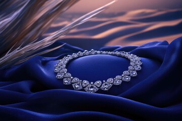 Elegant diamond necklace displayed on draped blue silk fabric with soft lighting creating a luxurious atmosphere.