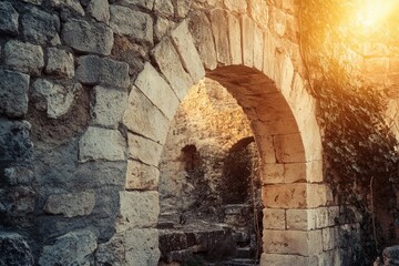 Obraz premium Sunlight streaming through ancient stone arches, creating a rustic, weathered scene, with lush vines and textures.