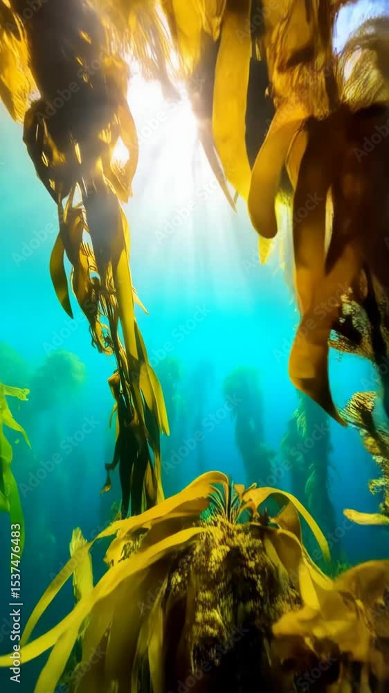 Poster underwater view through kelp forest with sun rays shining from above casting shadows and warm glow o
