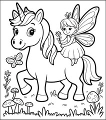 Cute Fairy Riding a Unicorn in a Magical Forest Coloring Page