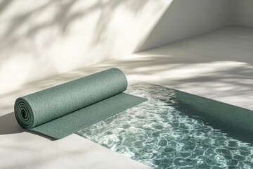 A serene scene of a rolled yoga mat near a shimmering pool under dappled sunlight, suggesting calm and wellness.