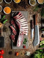 Fresh raw veal chops for cooking, wooden background.