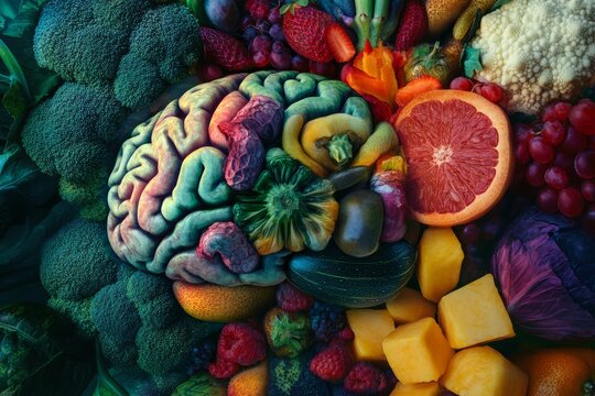 A creative blend of a brain intertwined with vibrant fruits and vegetables, Mind and nature fusion scene, Artistic style