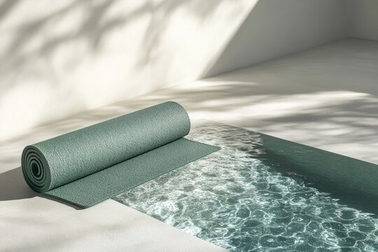 A serene scene of a rolled yoga mat near a shimmering pool under dappled sunlight, suggesting calm and wellness.