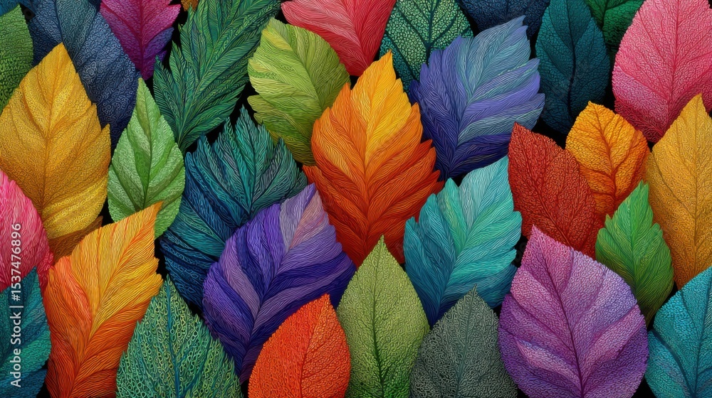 Poster a colorful leafy background with many different colored leaves. the leaves are all different sizes a