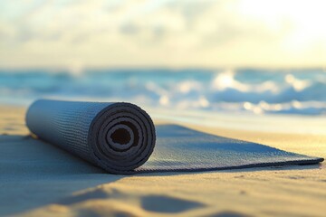 A rolled yoga mat rests on the beach sand as waves gently roll in at sunset, ready for a relaxing beachside workout.