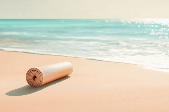 Rolled yoga mat sits peacefully on a sandy beach with turquoise ocean water and sunshine creating a calm, serene scene. - Powered by Adobe